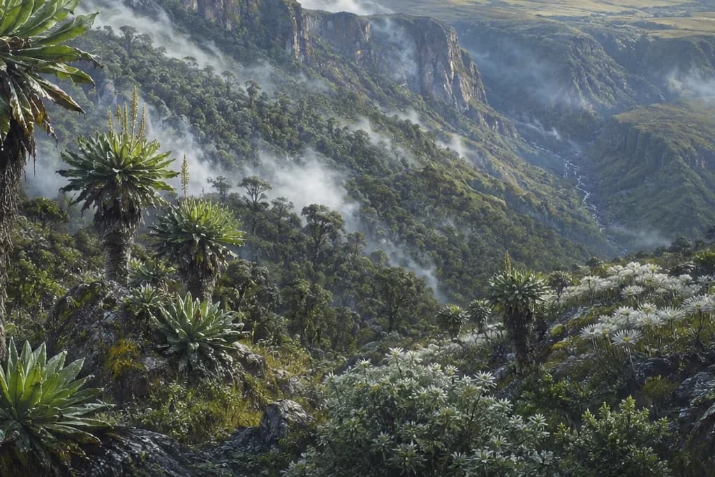 Highland landscape photography planning artwork for Mount Elgon National Park