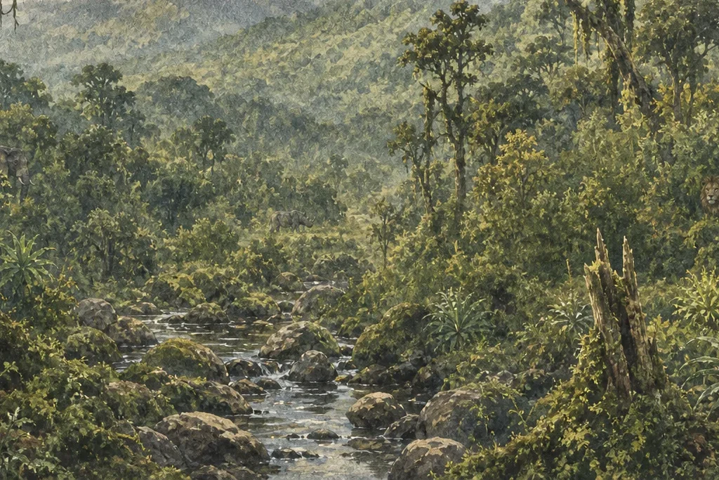Highland landscape photography planning artwork for Aberdare National Park