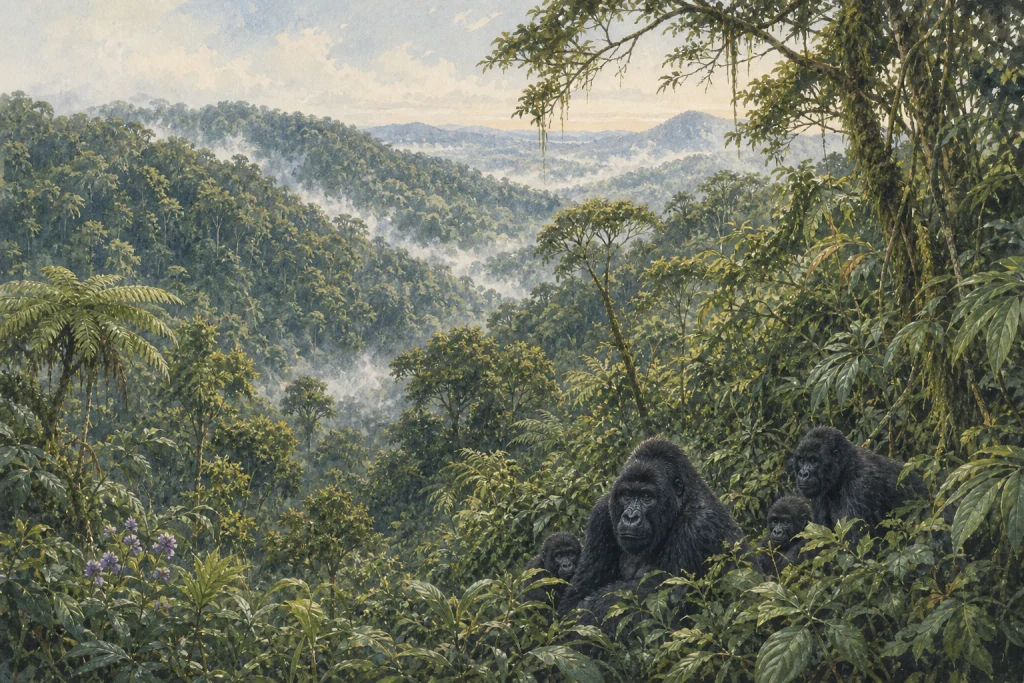 Bwindi Impenetrable National Park habitat and landscape artwork