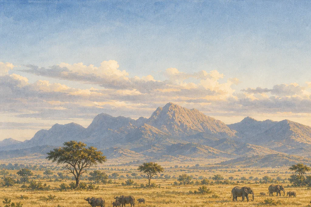 Guided wildlife drive planning artwork for Kidepo Valley National Park