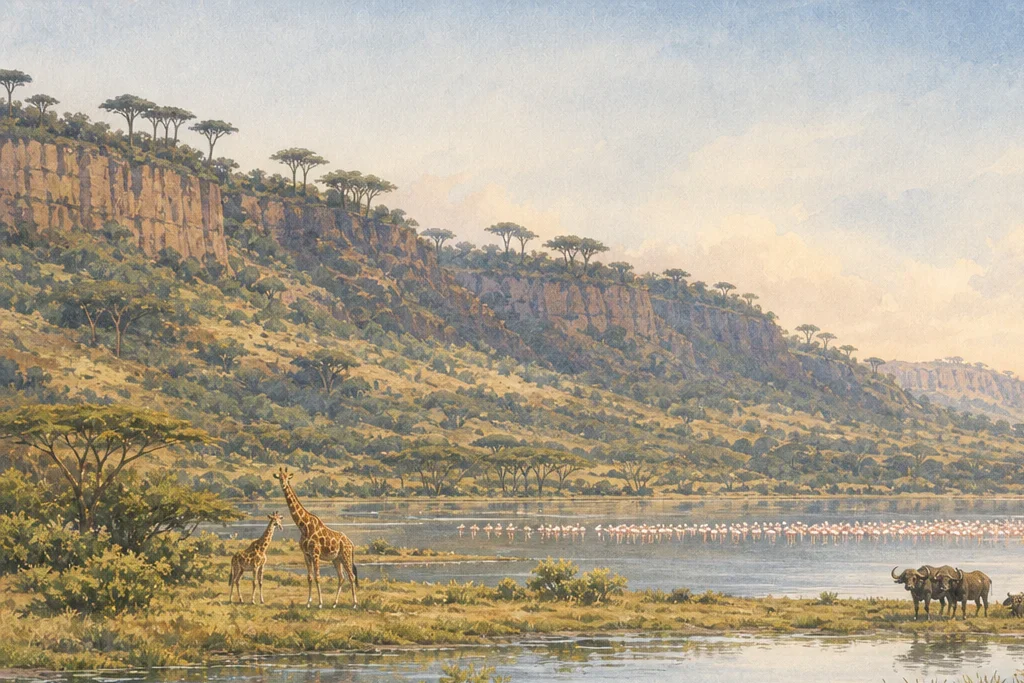 Wetland wildlife viewing planning artwork for Lake Nakuru National Park