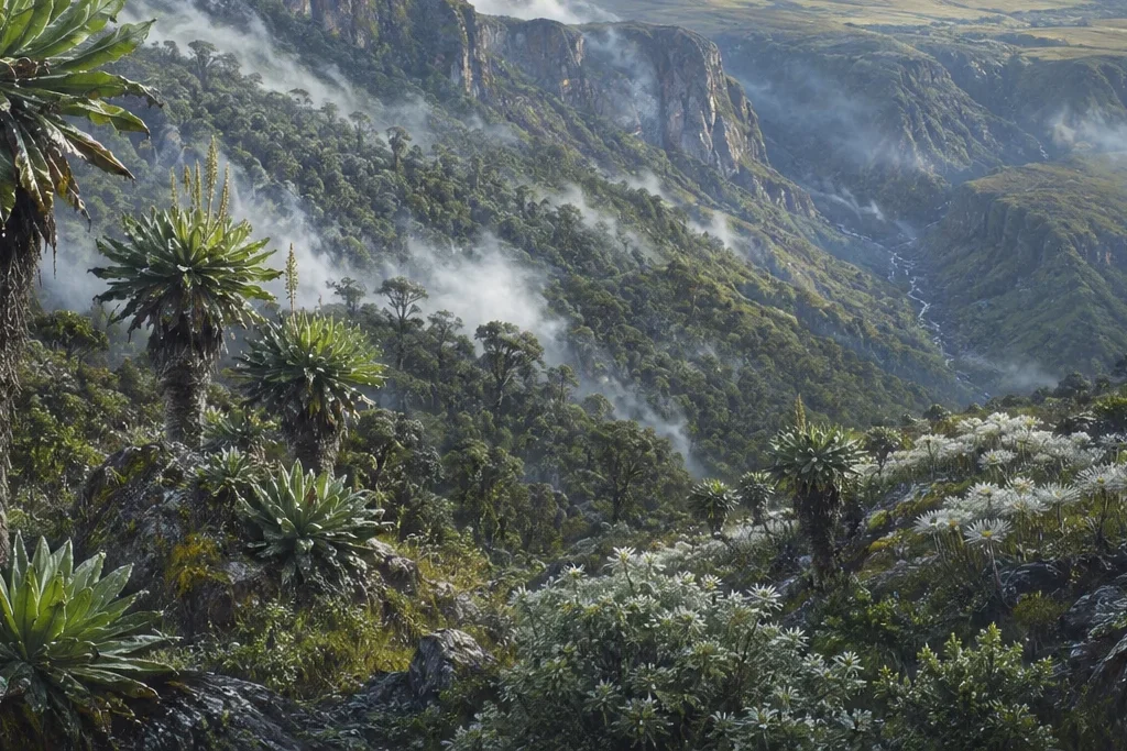 Highland landscape photography planning artwork for Mount Elgon National Park