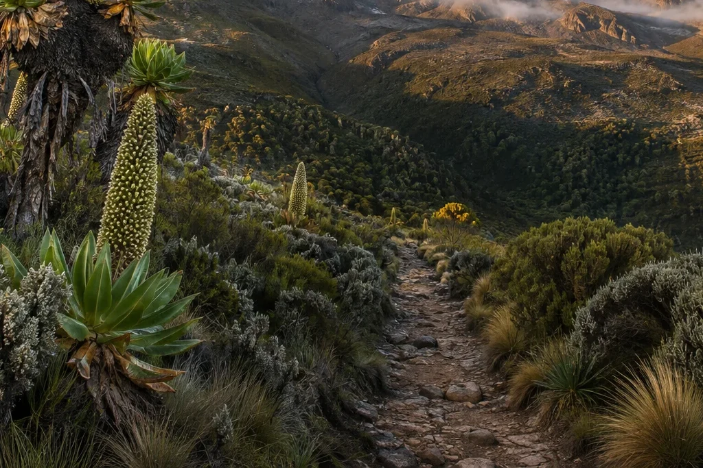 Highland landscape photography planning artwork for Mount Kenya National Park