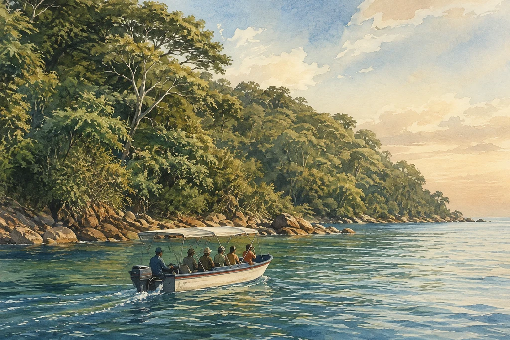 Lake Tanganyika shoreline by boat in Gombe National Park: illustrative landscape
