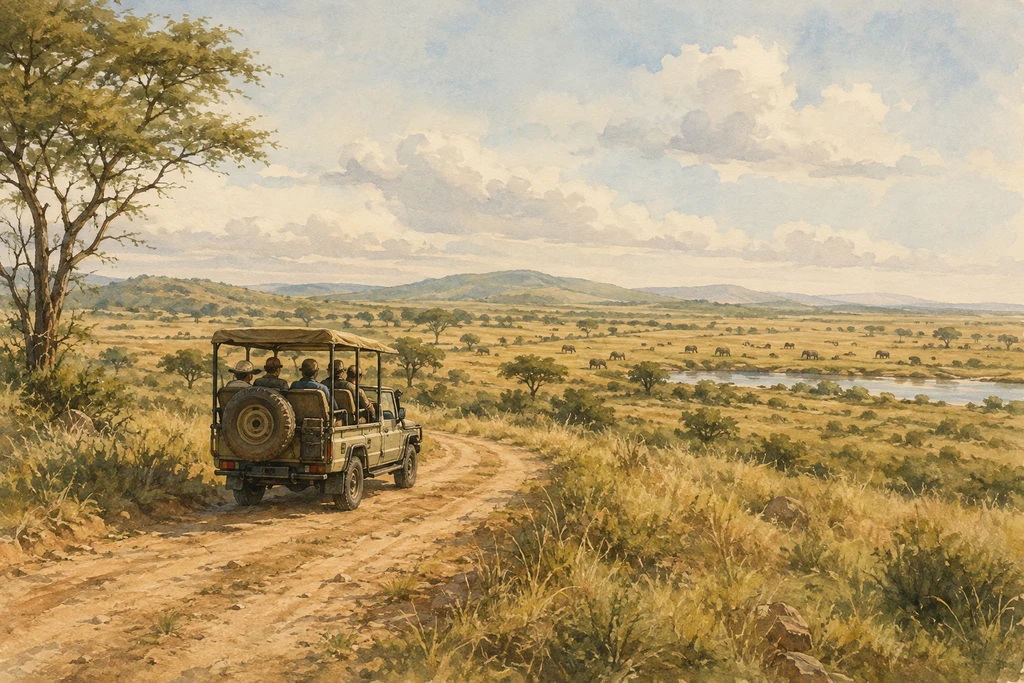 A private-reserve game drive in Grumeti Game Reserve: illustrative landscape
