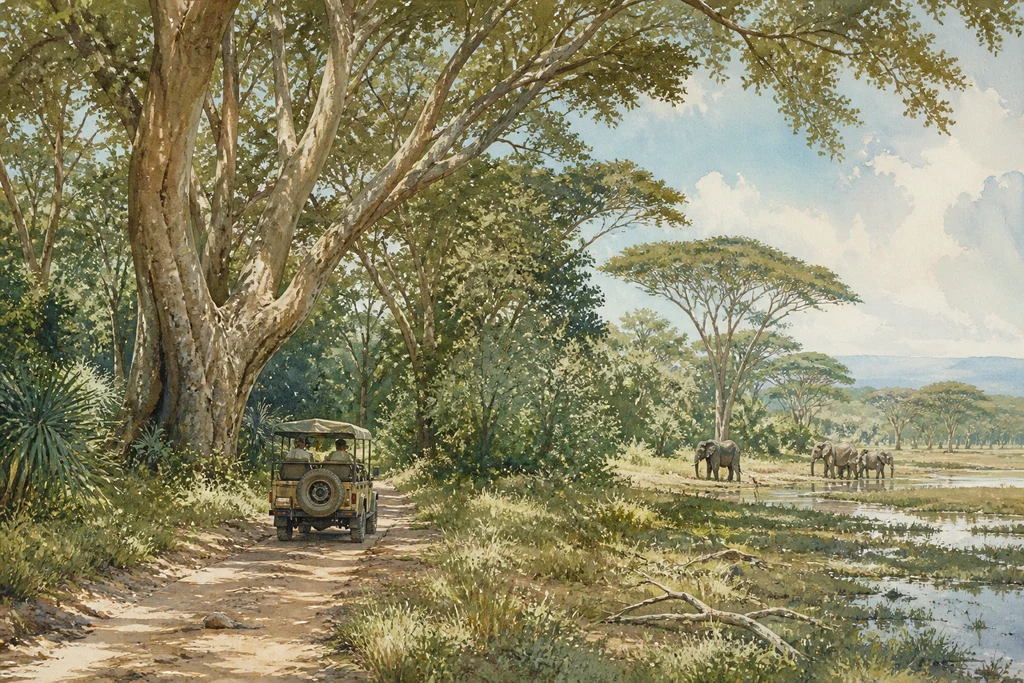 Groundwater forest game drive in Lake Manyara National Park: illustrative landscape