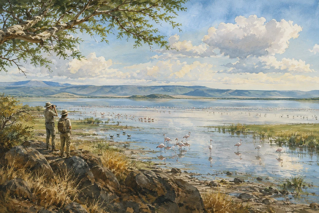 Lakeshore birdwatching in Lake Manyara National Park: illustrative landscape