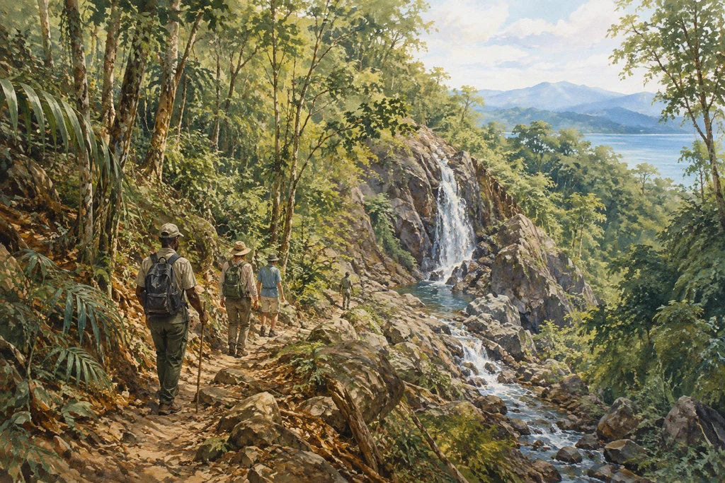 A forest and waterfall walk in Mahale Mountains National Park: illustrative landscape