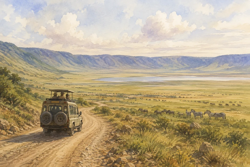 A crater-floor wildlife drive in Ngorongoro Crater: illustrative landscape