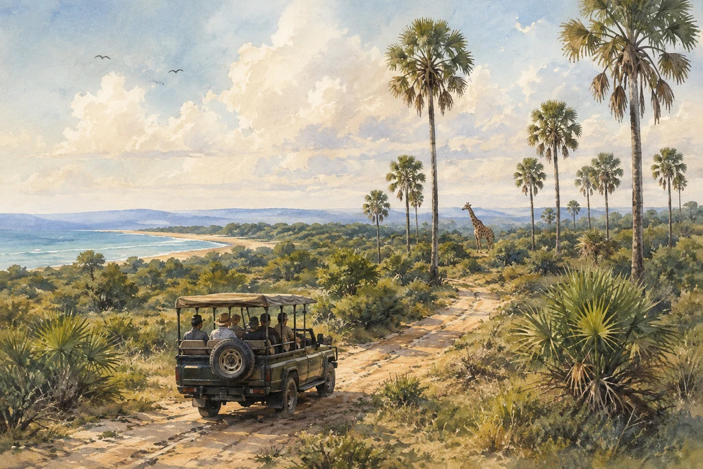 A coastal-bush game drive in Saadani National Park: illustrative landscape