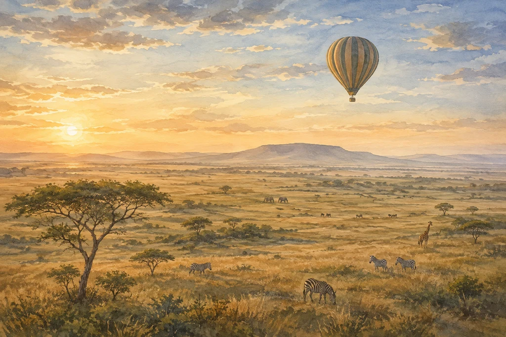 A sunrise balloon safari in Serengeti National Park: illustrative landscape