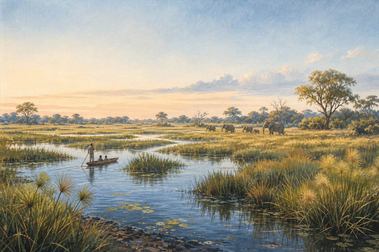 Botswana Okavango Delta floodplain with elephants and a mokoro