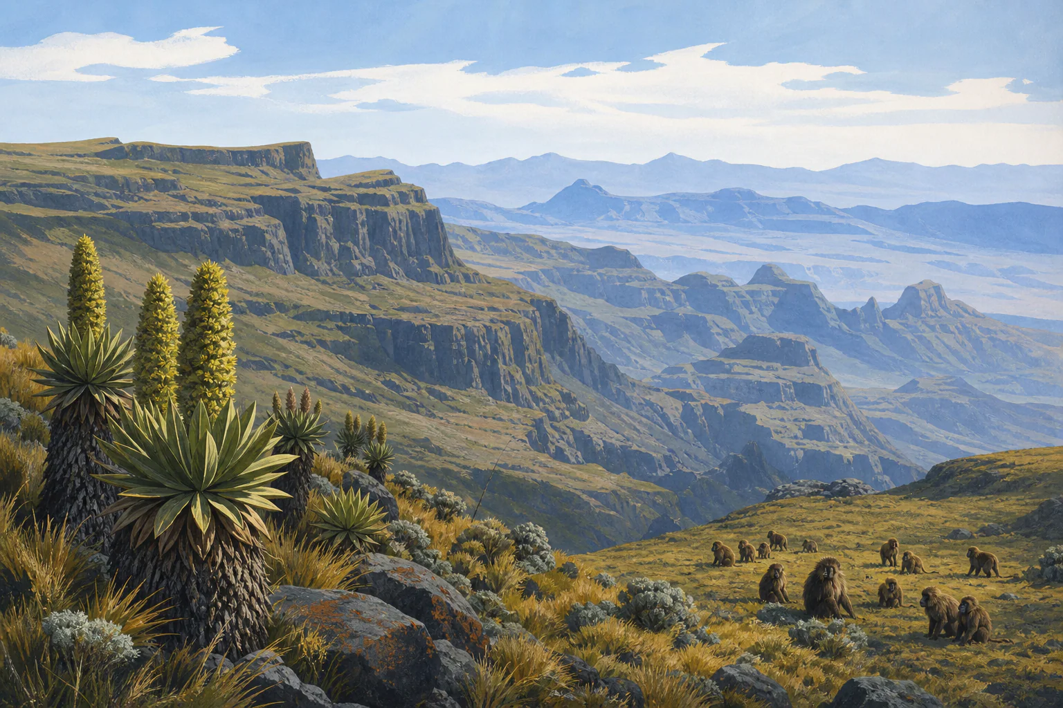 Ethiopian Simien highlands with giant lobelia and geladas