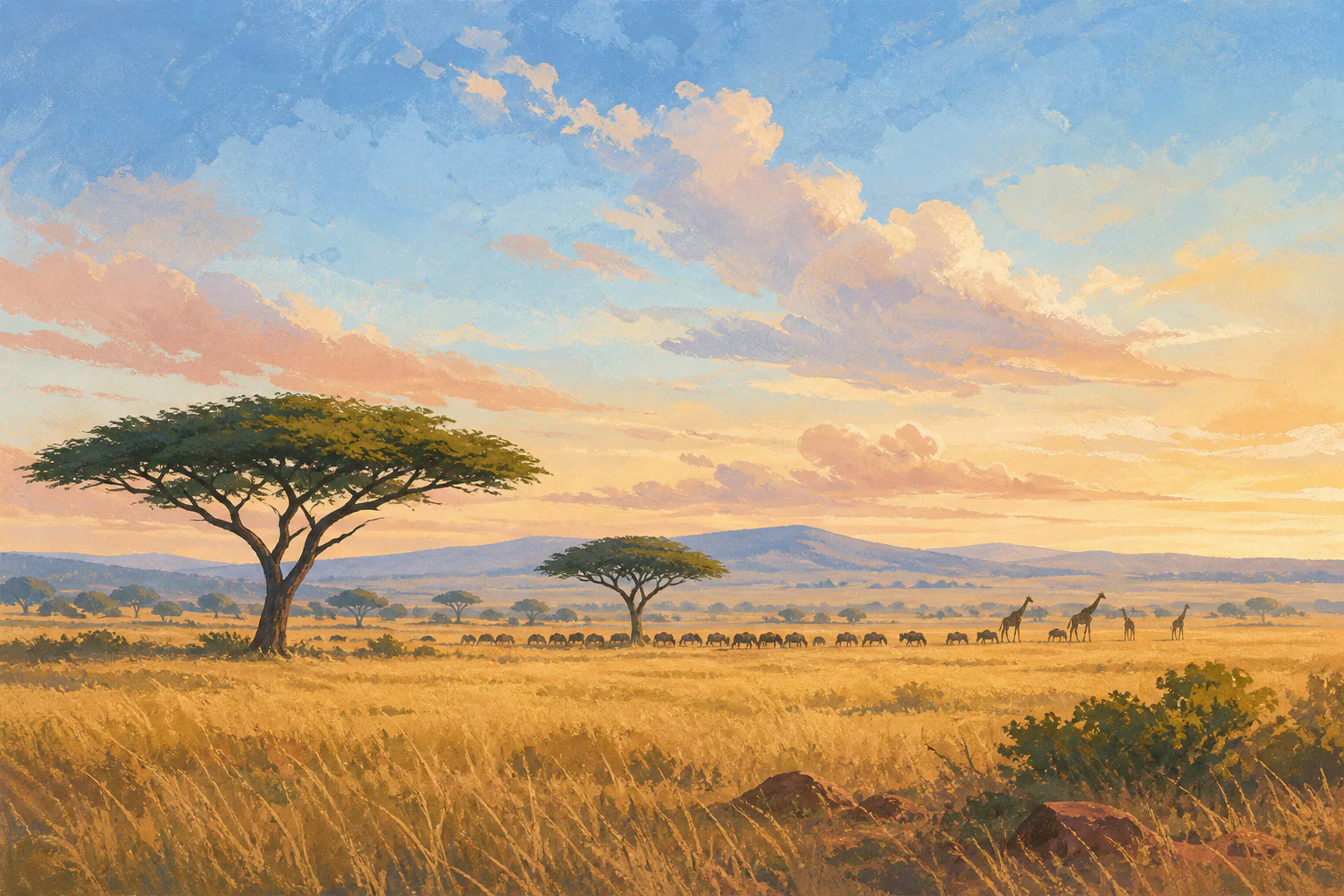 Kenyan savannah with acacias and distant wildlife
