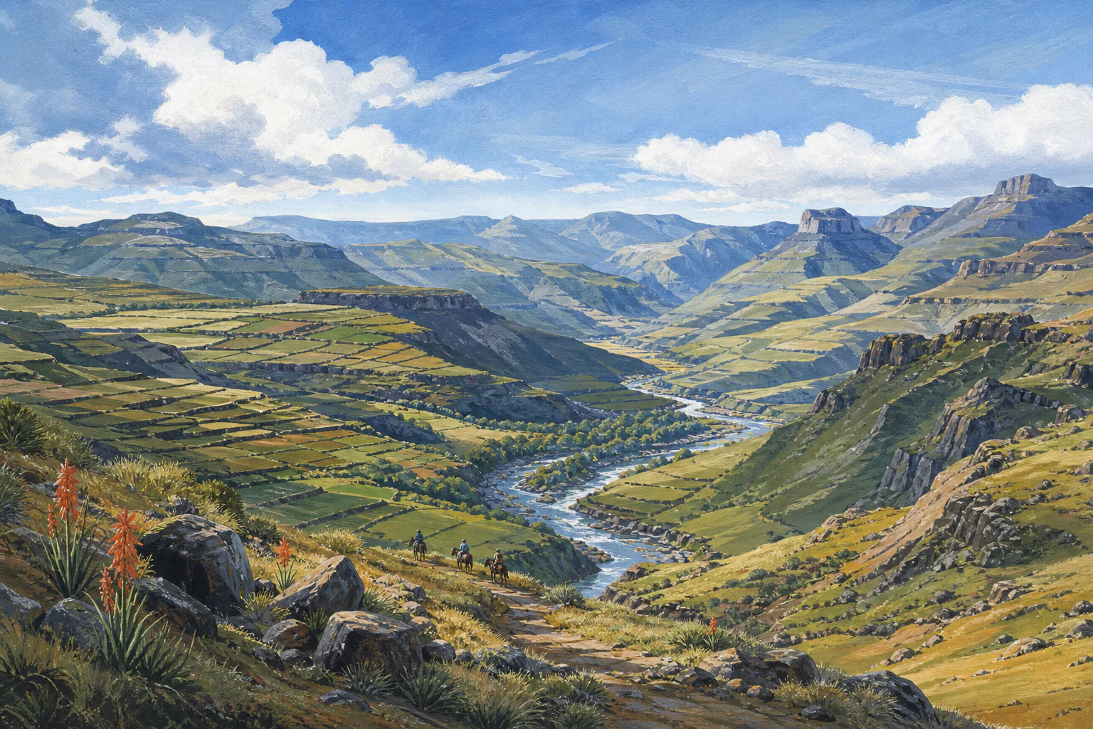 Lesotho Maloti mountain valley and highland trail