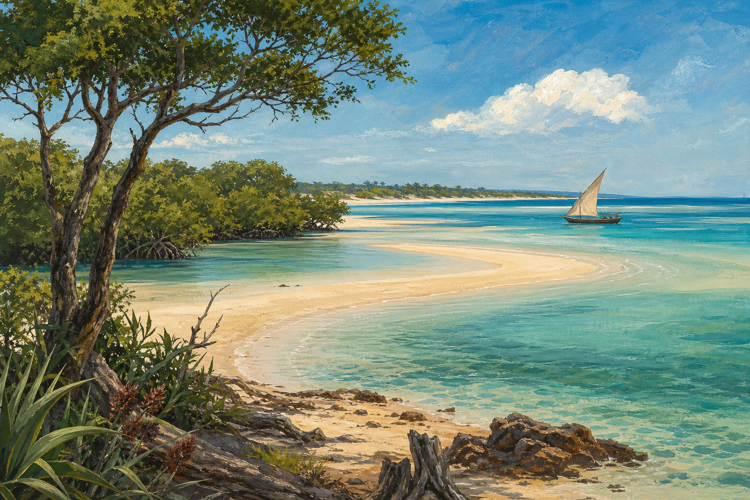 Mozambique mangrove coast and dhow