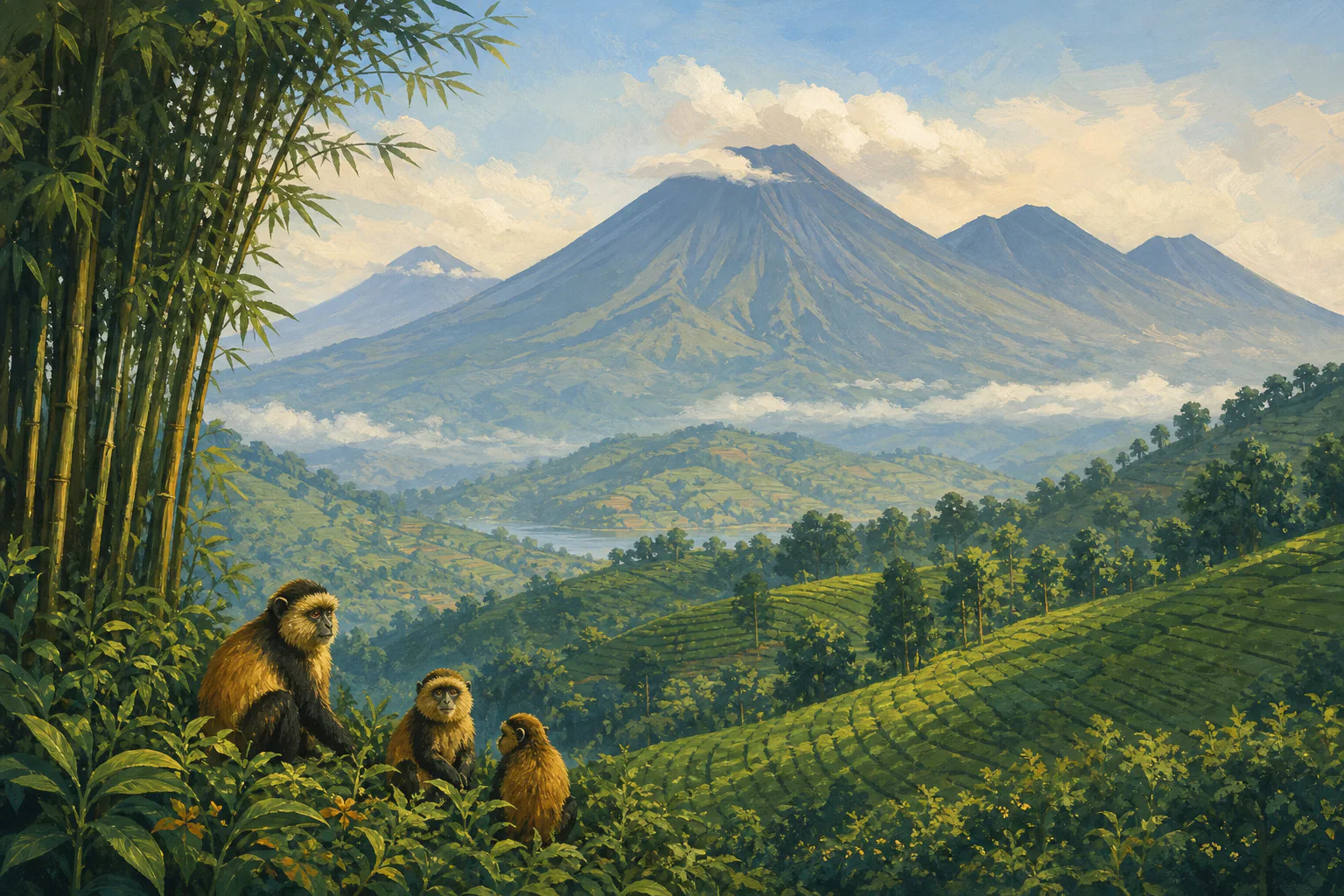 Rwanda green hills and Virunga volcanoes