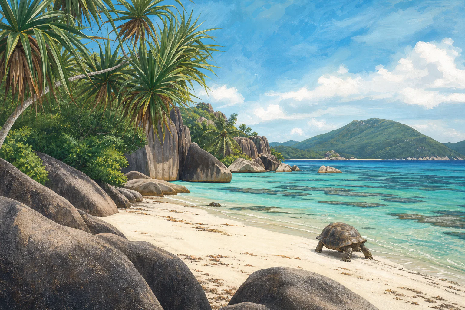 Seychelles granite beach and giant tortoise