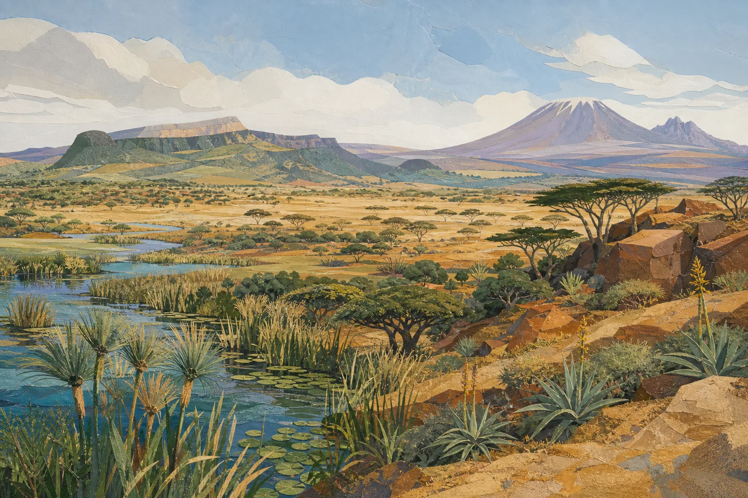 Wetland, savannah, woodland, escarpment, and volcanic highland landscapes representing country variety