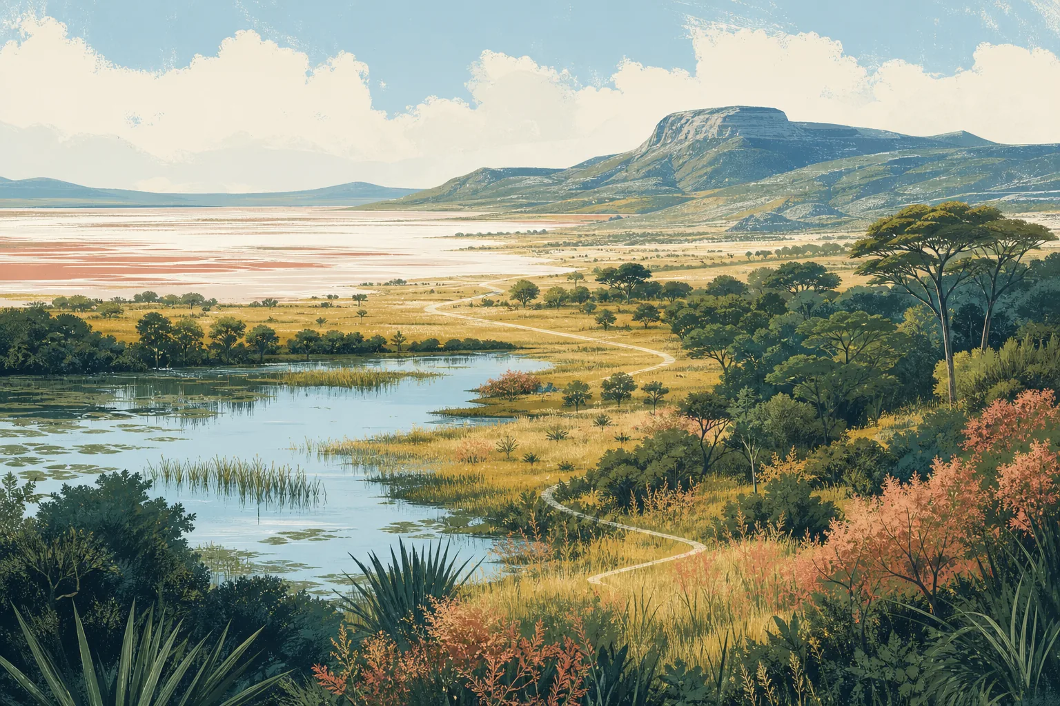 Layered wetland, savannah, woodland, highland, and salt-pan landscapes for the Travel Wiki
