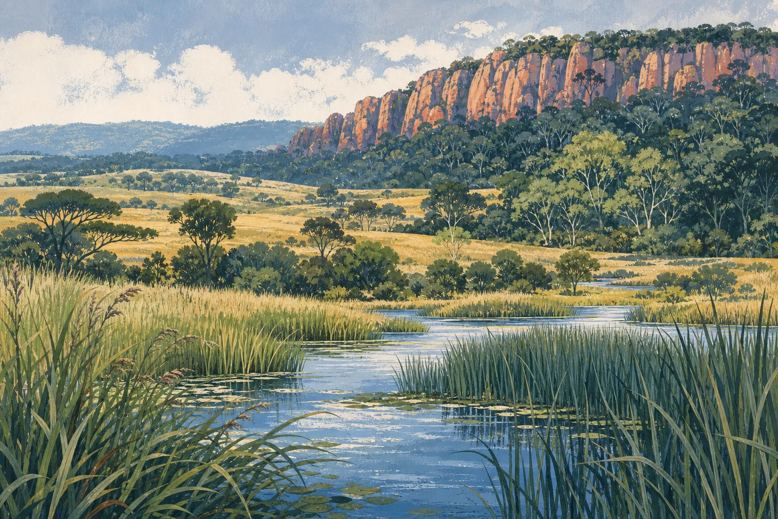Wetland, grassland, woodland, escarpment, and rainforest-edge habitats representing travel locations