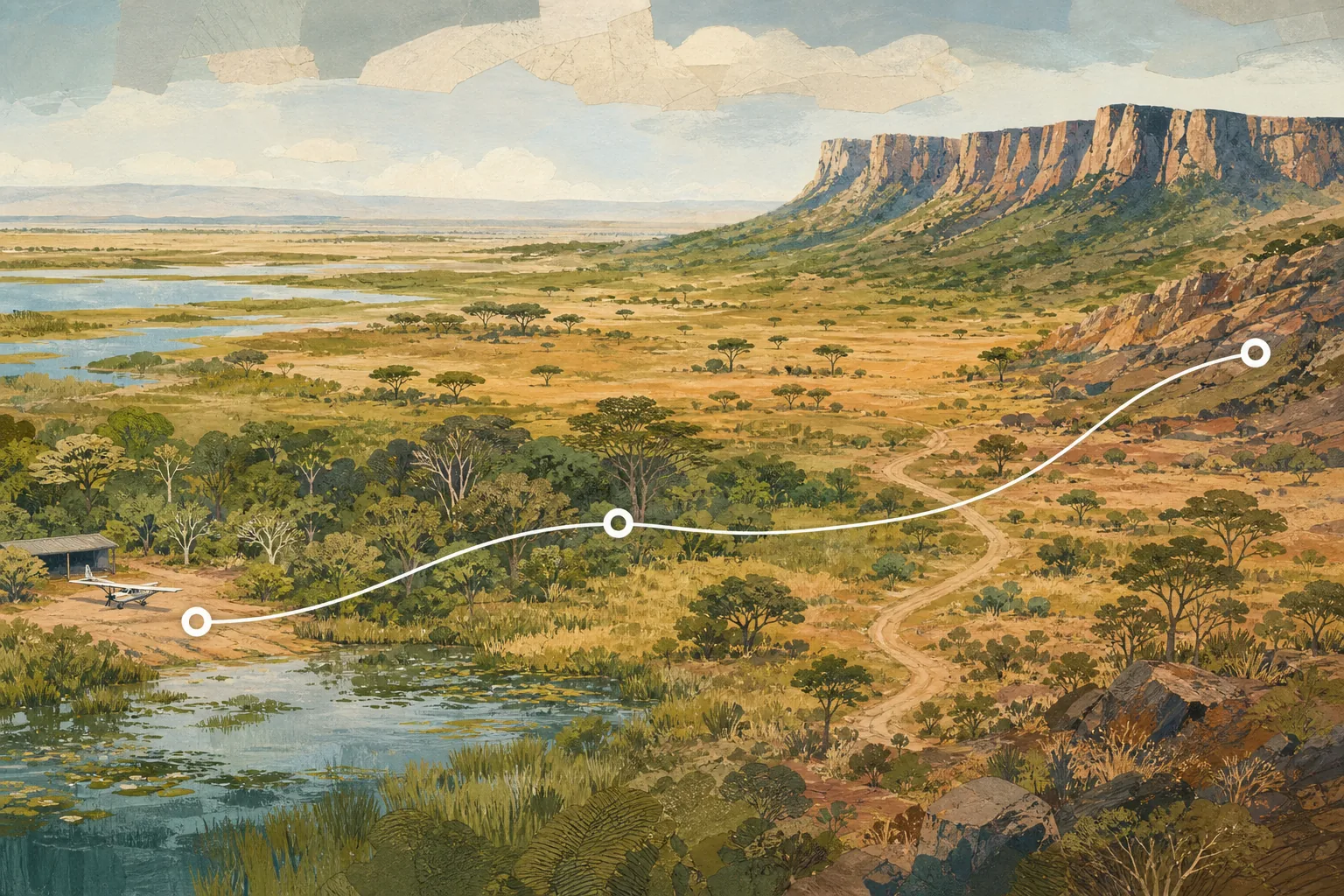 A subtle three-stop travel itinerary crossing wetland, savannah, woodland, and escarpment landscapes